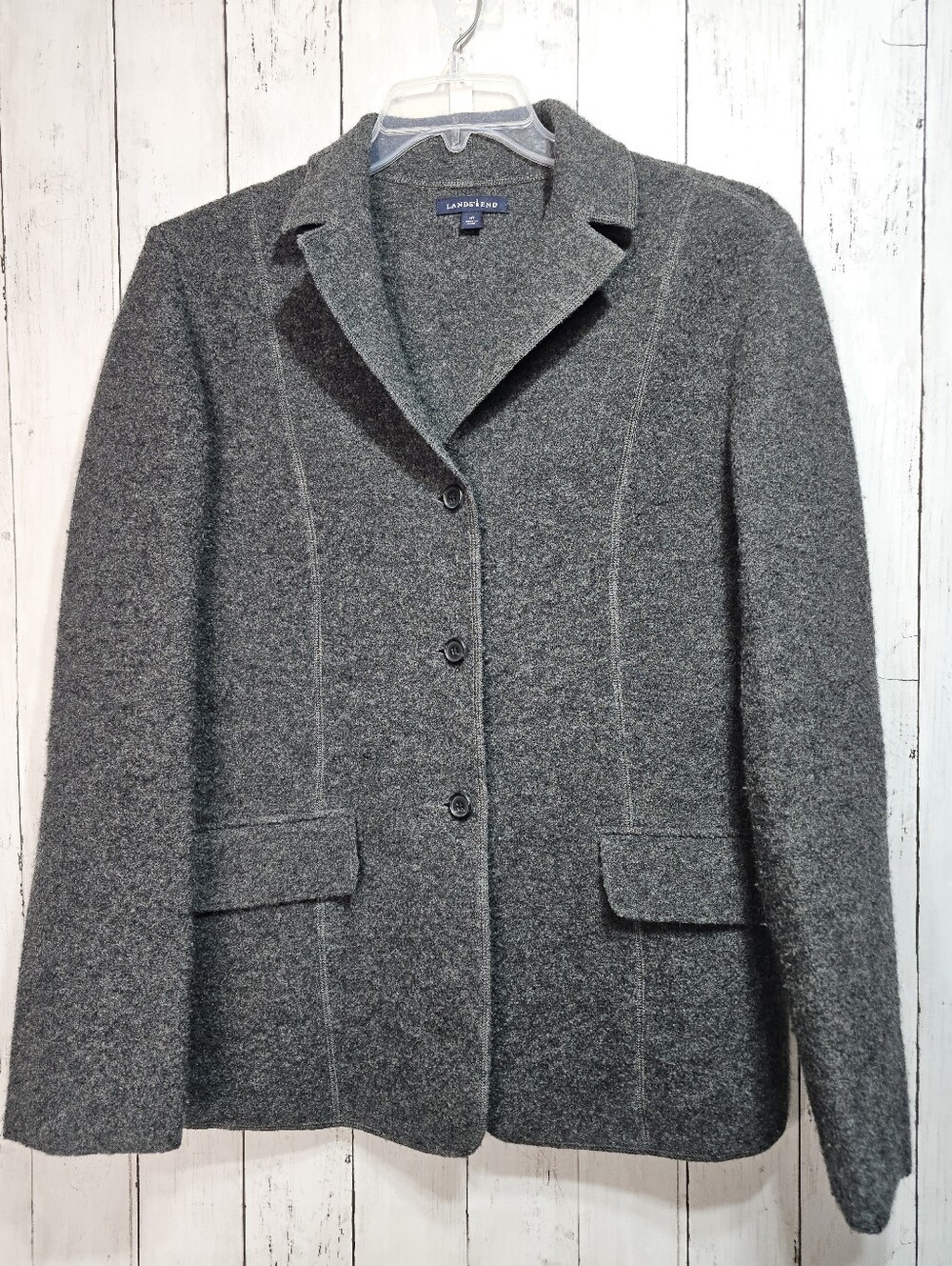 Lands End Womens Gray 100% Boiled Wool Cardigan Sweater Button Down Size 14 Tall